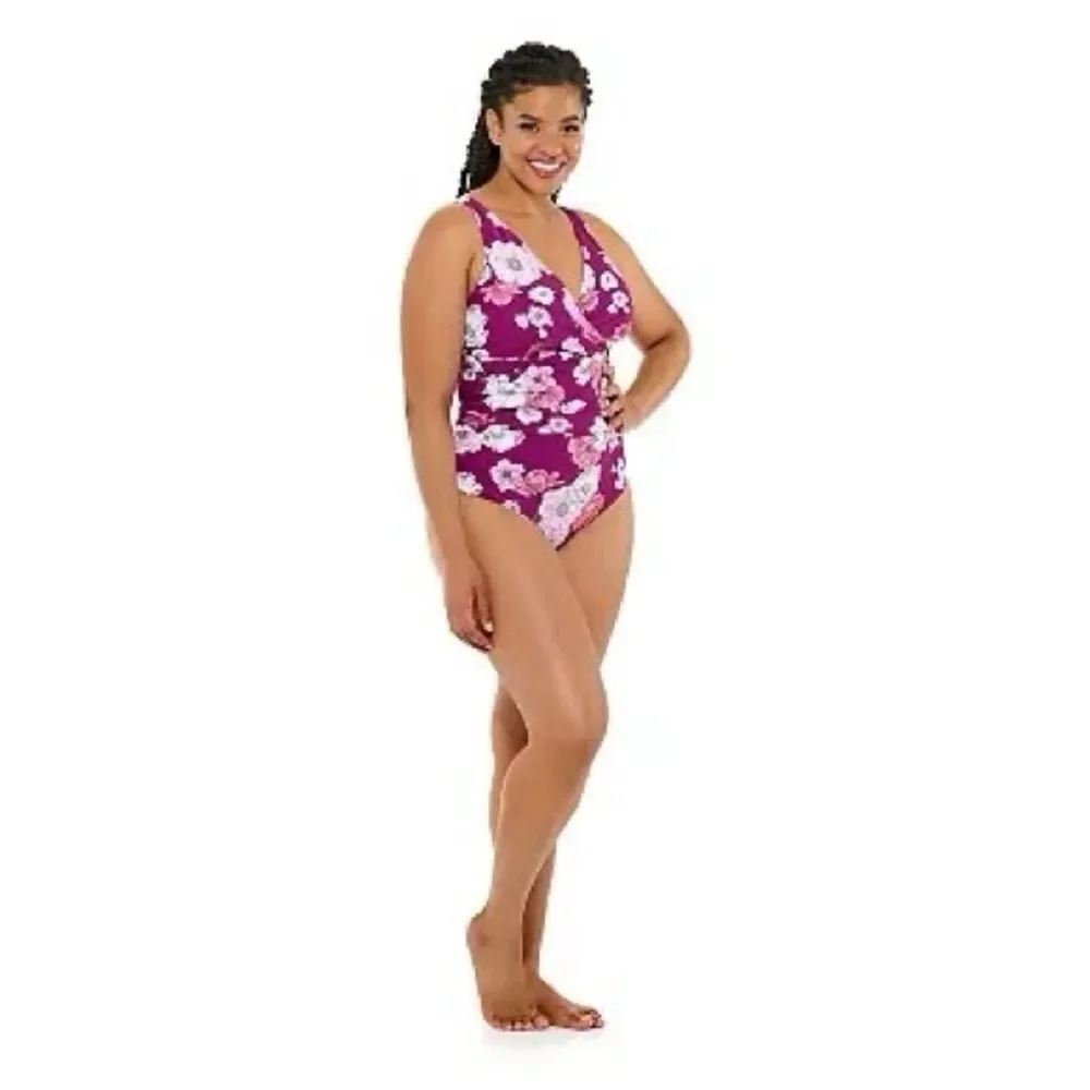 Freshwater Surplice Lace-Back One-Piece Swimsuit Plus Size 2X Purple Floral - Picture 5 of 16